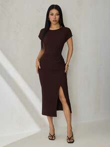 SHEIN Tall 1. Đầm midi không tay xẻ cao, thắt eo thanh lịch, đầm ôm sát màu mơ có họa tiết, trang phục sinh nhật cho nữ, bộ đồ tập thể dục cho nữ, đầm dự tiệc cưới cho nữ, trang phục công sở cho nữ, đầm tốt nghiệp màu trắng. - màu nâu - Xem 4