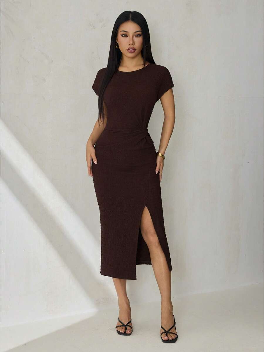 SHEIN Tall 1. Đầm midi không tay xẻ cao, thắt eo thanh lịch, đầm ôm sát màu mơ có họa tiết, trang phục sinh nhật cho nữ, bộ đồ tập thể dục cho nữ, đầm dự tiệc cưới cho nữ, trang phục công sở cho nữ, đầm tốt nghiệp màu trắng. - màu nâu - Xem 1
