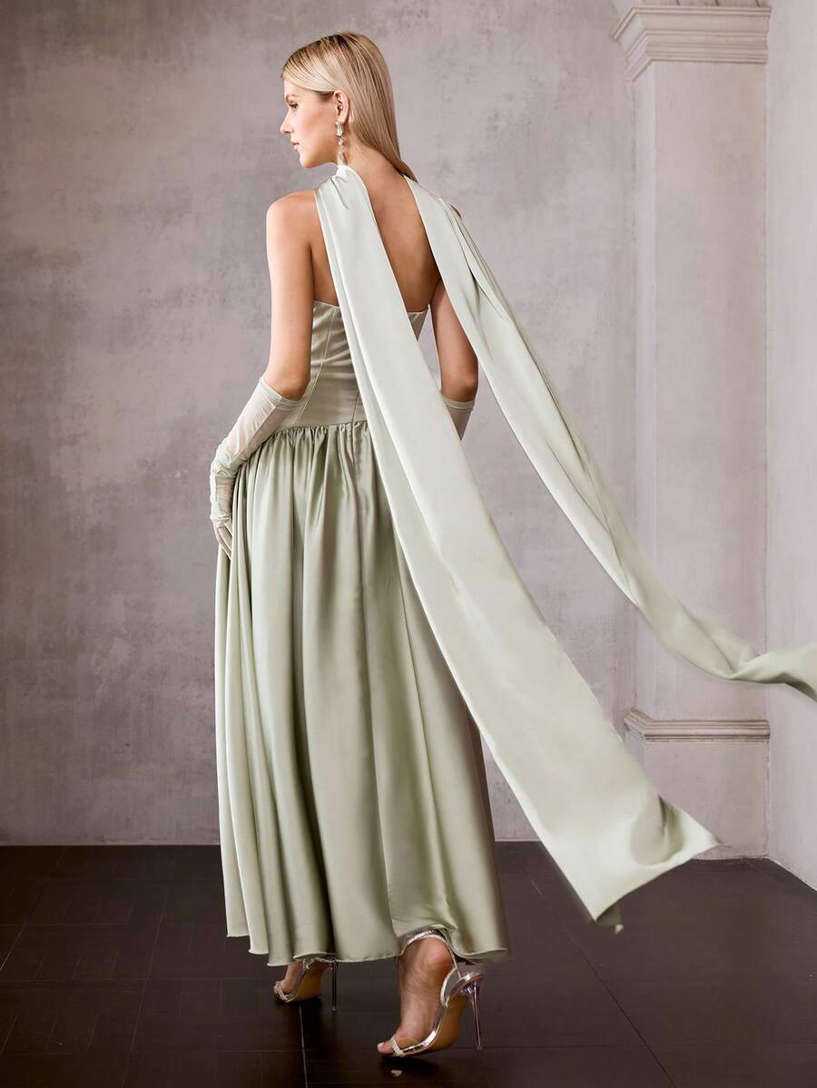 MOTF Soiréza ELEGANT STRAPLESS PARTY GOWN FOR WOMEN WITH DETACHABLE TIE & SLEEVES, WAIST RHINESTONE EMBELLISHMENTS FLARED DRESS FOR NEW YEAR, VALENTINE'S DAY, FORMAL PARTIES, GALAS, WEDDINGS & CELEBRATIONS - Green - View 1