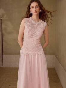 MOTF PREMIUM VESTIDO ELEGANTE PARA MUJER CON DISEÑO DE VERANO, PARCHES DE MALLA, SIN MANGAS, CONTRASTE DE ENCAJE GUIPUR Y PLISADOS - Rosa - Ver 4