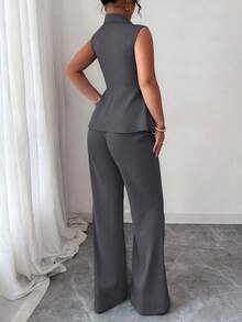 SHEIN Elenzya Bộ vest nữ cỡ lớn không tay, cổ áo, thắt eo, thanh lịch, lãng mạn. - Màu xám đen - Xem 2