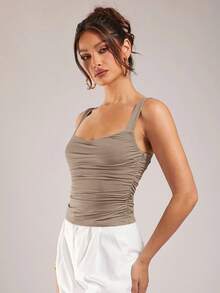 Silquee Women's Solid Color Pleated Casual Versatile Daily Wear Top - Khaki - View 6