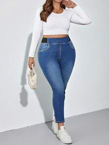 SHEIN Tall CURVE 大码秋季返校季万圣节Y2K可爱街头风哥特摇滚科技风生日派对夜店出行商务休闲女装乡村复古保守老钱商务休闲女装工作教师女装教堂女装纯色休闲蓝色牛仔裤松紧腰牛仔裤高弹牛仔裤 - 中等水洗藍 - 查看 7