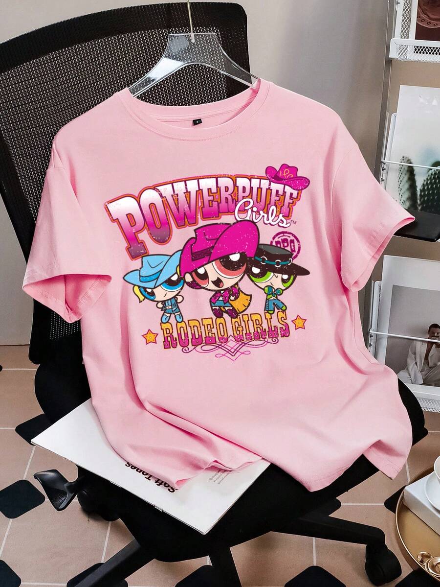THE POWERPUFF GIRLS X SHEIN 女士可爱时尚圆领短袖T恤 - - 粉色 - 查看 1