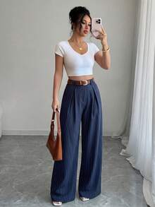 SHEIN Elenzya Quần ống rộng kẻ sọc thường ngày - Màu xanh lam - Xem 6