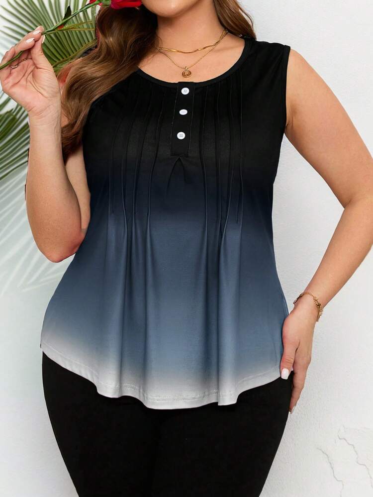 Plus Size Women's Summer Casual Vacation Country Black Gradient Color Vests,Plus Size Summer Pleated Camisole Tank Top For Women,Summer Outfits For Women ,Vacation Outfits Women ,Holiday Outfits For Women,Going Out Outfits,2026 New Clothes,Simple And Fashionable For Everyday Wear,Suitable For Summer, Vacation, Daily Wear, Festival Outfits For Women,Country Concert Outfit,Beach Outfits For Women,Western Style,Going Out Top, Casual Tops For Women, Women's Tops For Summer