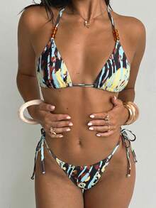 Aloruh 女士夏季新款扎染印花比基尼套装，性感派对音乐节炫彩贝壳装饰女士泳装，女士海滩度假装 - 綠色 - 查看 5