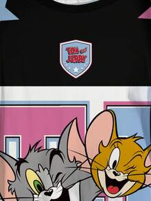 TOM & JERRY X SHEIN 加大码夏季休闲撞色卡通数字印花T恤 - 白色 - 查看 5