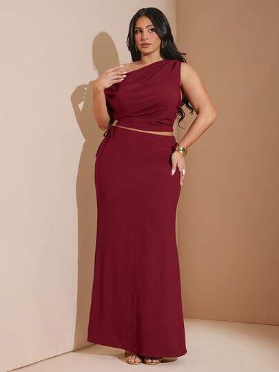 SHEIN BAE Plus Size Women's Burgundy Long 2 Pieces Set, Spring/Summer,Summer Outfit For Women,Plus Size,Spring Clothes Women,Festival Outfits For Women,Beach Outfit For Women,Wedding,Graduation,Casual,Vacation/Holiday Outfits For Women,Y2k,Plus Size,Curve,Birthday Party Outfits ,Sexy ,Elegant Set For Party,Wedding Party Set,Graduation Outfit For Mother, Formal Dress For Women,Going Out,Mother's Day,Office/Work Outfits For Women,