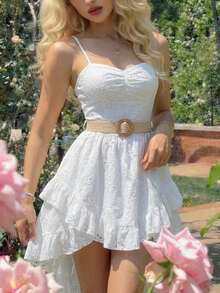 SHEIN MOD 女士夏季休闲纯色镂空刺绣荷叶边吊带中长连衣裙 - 白色 - 查看 9