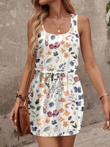 Easowa 休闲简约度假波西米亚风优雅复古水彩花卉彩色印花图案，适合音乐节、海滩、度假，女士夏季穿搭，女士春夏休闲碎花迷你连衣裙 - 彩色 - 查看 6