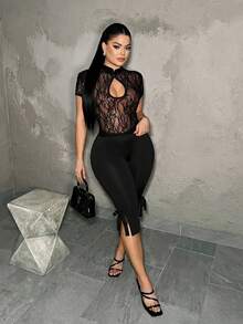 SHEIN SXY Áo kiểu ren xuyên thấu khoét lỗ gợi cảm - màu đen - Xem 4