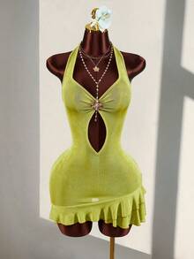 Amplova Women's Sexy Ruffled Hem Backless Halter Mini Dress, Vacation - Green - View 1