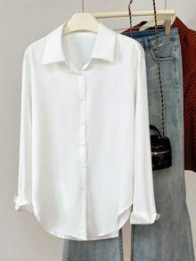 SHEIN ChicEase Camisa de mujer con botones de manga larga y color sólido de moda - Blanco - Ver 5