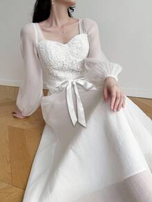 Feyla Đầm midi tay dài lưới cổ tim ren tương phản cho nữ - trắng - Xem 6