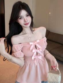 Joudiya 春夏露肩粉色套头衫，时尚派对/婚礼/宴会礼服，修身优雅荷叶边蝴蝶结镂空拼接短袖女式衬衫 - 粉色 - 查看 8