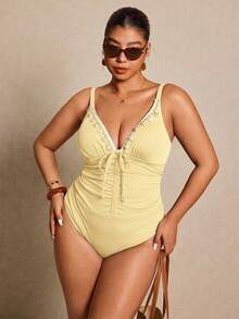 Elaquor Plus Size Women Sexy Beach Vacation Solid Color Patchwork Starfish Shell Decor Drawstring Ruched Monokini Swimsuit - Apricot - View 4