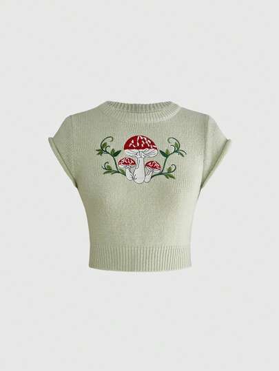 ROMWE Fairycore Mint Green Mushroom Embroidery Cropped Knit Short Sleeve Top, Sexy Midriff-Baring High Waist Slim Fit Versatile Knit Blouse For Summer
