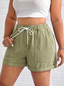 SHEIN ICON Quần short denim dáng rộng dành cho nữ cỡ lớn, có dây rút ở eo và túi. - màu xanh lá - Xem 1