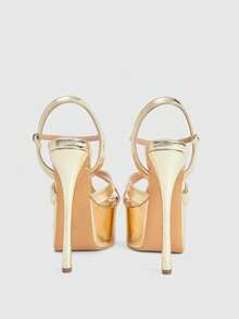 CUCCOO LuxiPop Sandálias femininas de salto fino, plataforma alta impermeável, com tiras cruzadas e tira transparente. Sandálias douradas femininas estilo balada, sexy e modernas. - Ouro claro - Ver 4
