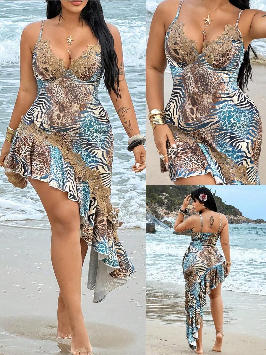 Rustia Robe moulante à imprimé léopard bleu avec franges et dentelle, tenue de vacances pour le printemps et l'été, grande taille - Bleu azur - Voir 1