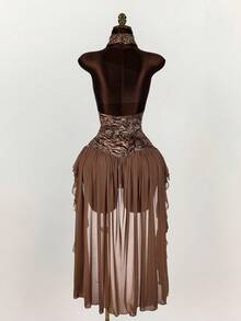 Amplova Women's Leopard Print Ruffle Hem Sexy Halter Midi Dress - Brown - View 6