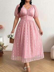 Vionelle Vestido de mujer talla grande de estilo romántico francés con jacquard tejido, de primavera y verano, con delicados tirantes, manga farol bordada, cintura ceñida. Vestido romántico para invitada de boda, elegante vestido de verano para mujer, vestido de vacaciones y cumpleaños. Vestido de verano para mujer, vestido rosa, vestido midi, vestido bordado, vestidos de buena calidad, vestidos vintage, vestidos para mujer, último modelo de vestido, vestido vintage, vestido curva - Rosa vieja - Ver 5