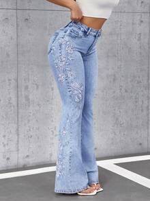 SHEIN Tall 女士时尚花卉刺绣口袋拉链喇叭牛仔裤，百搭 - 藍色 - 查看 4