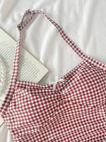 SHEIN Teen Girl Retro Plaid Metal Buckle Bow Decor One-Piece Halter Swimsuit - Brown - View 4