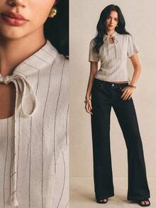 Poéselle 女士条纹领短袖中式衬衫，优雅中式风格，优雅女士衬衫，女士工作上衣，女士休闲衬衫，外出上衣，女士办公室着装，适合办公室、周末度假和旅行，春夏商务休闲女士上衣，夏季上衣 - 杏色 - 查看 3