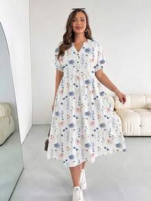 SHEIN Essnce Vestido casual de vacaciones con estampado floral de manga corta para mujer de talla grande, adecuado para primavera y verano, vestido negro - Multicolor - Ver 3