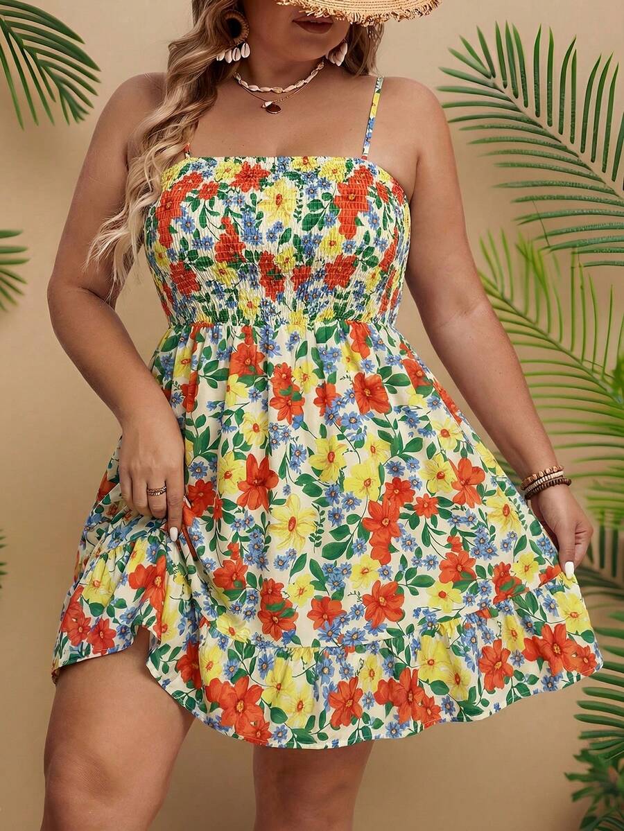 Travachic Plus Size Women Floral Print Spaghetti Strap Dress For Vacation Summer Dresses Online Outfits Brunch - Multicolor - View 1