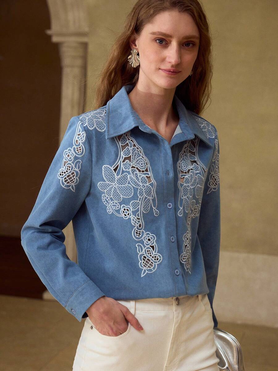 MOTF PREMIUM 撞色蕾丝镂空牛仔外套 - 藍色 - 查看 1