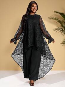 BrightlyHer 大码休闲宽松长袖不对称下摆上衣和裤子两件套 - 黑色 - 查看 6