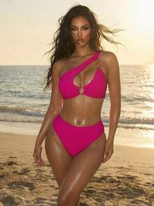 SHEIN Swim Hollow Out Solid Color Separated Bikini Set For Vacation, Summer Beach - Hot Pink - View 1