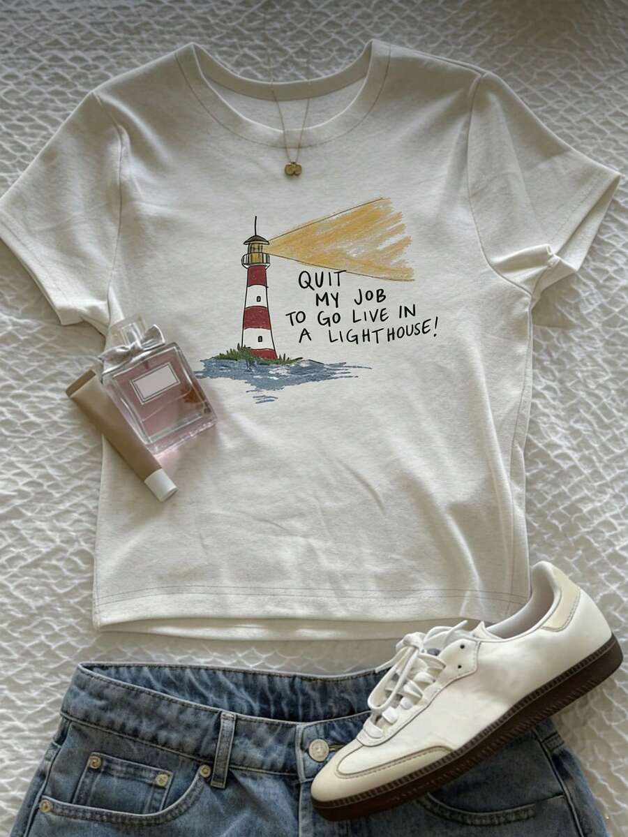 Glimmora Women's Fitted Short Sleeve T-Shirt With White Printed Graphic - White - View 1