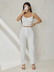 SHEIN PETITE Quần lửng 3/4 màu trắng tinh đơn giản dành cho nữ - trắng - Xem 6