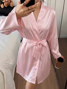 Girls Pink Satin Floral Print Long Sleeve Long Tie Waist Robe Pajamas Pink Robe - Pink - View 3