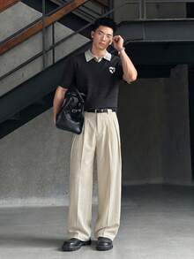 NEON BLANC Plus Size Men's Grey Vertical Striped Woven Wide Leg Pants - Apricot - View 6