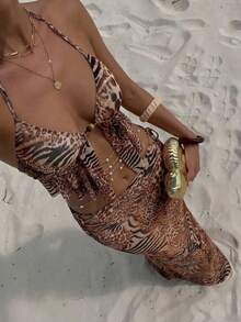 Lumalex Bộ đồ hai mảnh gợi cảm dành cho nữ: áo crop top hở lưng buộc dây phía trước và chân váy đuôi cá, họa tiết da báo, phong cách đi biển/nghỉ dưỡng. - Rỉ Nâu - Xem 2