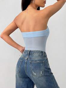 SHEIN EZwear 女士蓝色网纱拼接连体衣，性感无袖修身款 - 藍色 - 查看 2