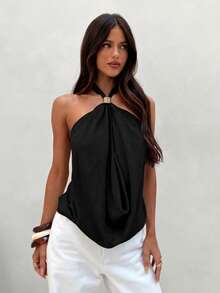 Aloruh Women's Sexy Solid Color Backless Halter Top, Summer Fall Fall For Women All S Women Fall S For Women Fall S Autumn Women's Fall Shoulder Top Beige Halter Neck Top With Metal Decorative Buckle New Year's Eve,Summer Top - Black - View 6