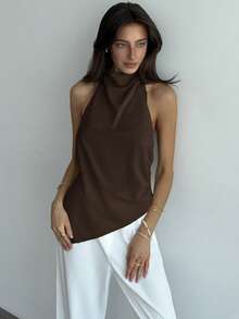 Aloruh Women's Solid Color Ruched Asymmetric Hem Halter Neck Top,Summer Top - Coffee Brown - View 7