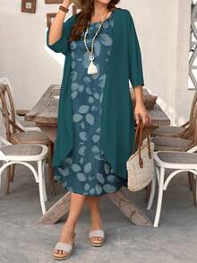 EMERY ROSE Chiffon Mid-Sleeve Jacket & Vintage Floral Print Dress 2-Piece Set, Plus Size Women's Country Style Spring/Summer Outfit - Cadet Blue - View 3