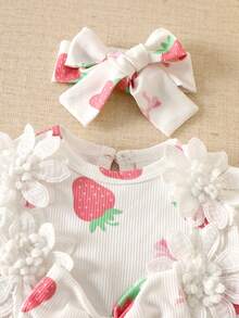 SHEIN Vestido elegante de primavera/verano para bebés niñas recién nacidas, de manga larga y cuello redondo, con estampado de lazo de fresa, decoración de loto 3D, puño con volantes, falda de malla, estilo princesa adorable, tela suave y cómoda, adecuado para uso diario o juego al aire libre de bebés niñas de 0 a 9 años - Rosa - Ver 6