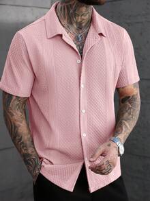 SLATEMANN Plus Size Men's Solid Color Textured Jacquard Short Sleeve Shirt - Pink - View 6