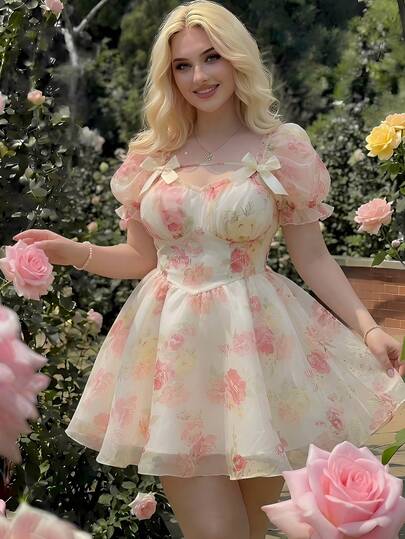 SHEIN MOD Vestido de fiesta de talla grande con estampado floral de organza naranja, diseño romántico con lazo, para verano