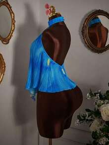 印花褶皱露背吊带上衣 - 藍色 - 查看 5