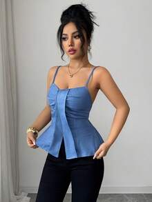 Elenzga Áo tank top nữ mùa xuân mới, phong cách thường ngày, thời trang cổ điển Mỹ, chất liệu vải lanh màu xanh nhạt, thiết kế xếp ly, xẻ tà, thắt eo, dáng chữ A, thích hợp mặc hàng ngày hoặc đi nghỉ mát. Đa năng, độc đáo và đẹp mắt. - Màu xanh bụi bặm - Xem 5