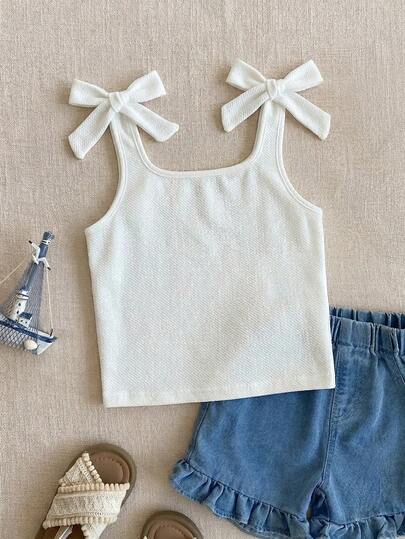 PrepCrw 夏季少女甜美可愛方領針織提花蝴蝶結裝飾背心